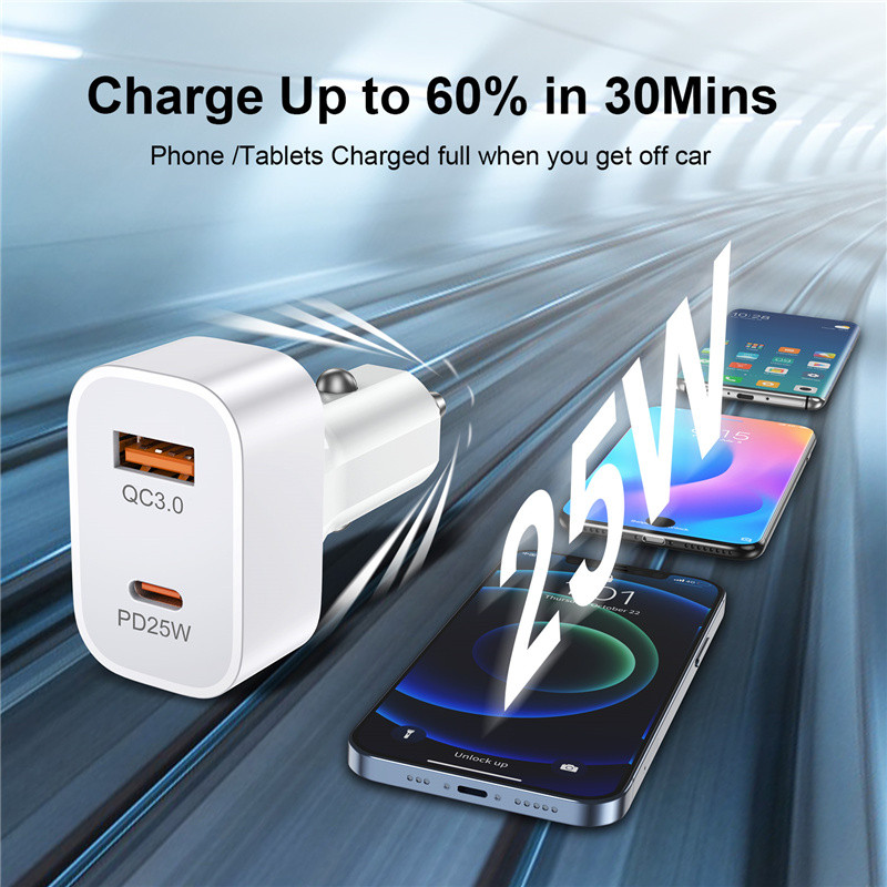 USLION Square USB auto punjač Quick Charge QC3.0 PD25W Type C 25W brzo punjenje auto USB punjač za iPhone Xiaomi mobilni telefon