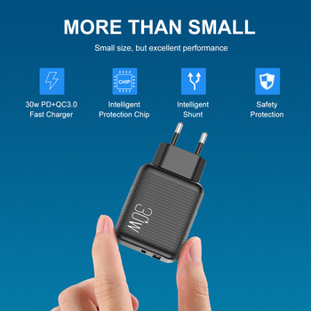 2 порта PD 30W EU US UK Plug Бързо зарядно устройство за iPhone 12 11 Samsung Xiaomi Huawei QC 3.0 Бързо зарядно за мобилен телефон