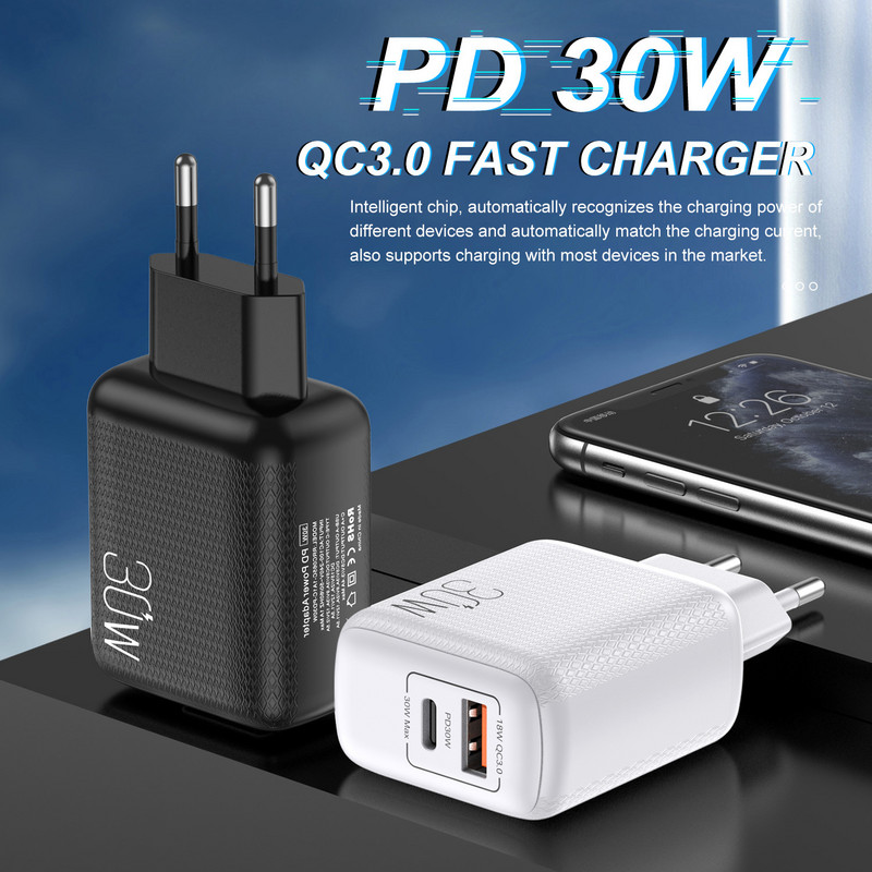 2 porta PD 30W EU US UK Plug Adapter za brzi punjač za iPhone 12 11 Samsung Xiaomi Huawei QC 3.0 Brzi punjač za mobilni telefon