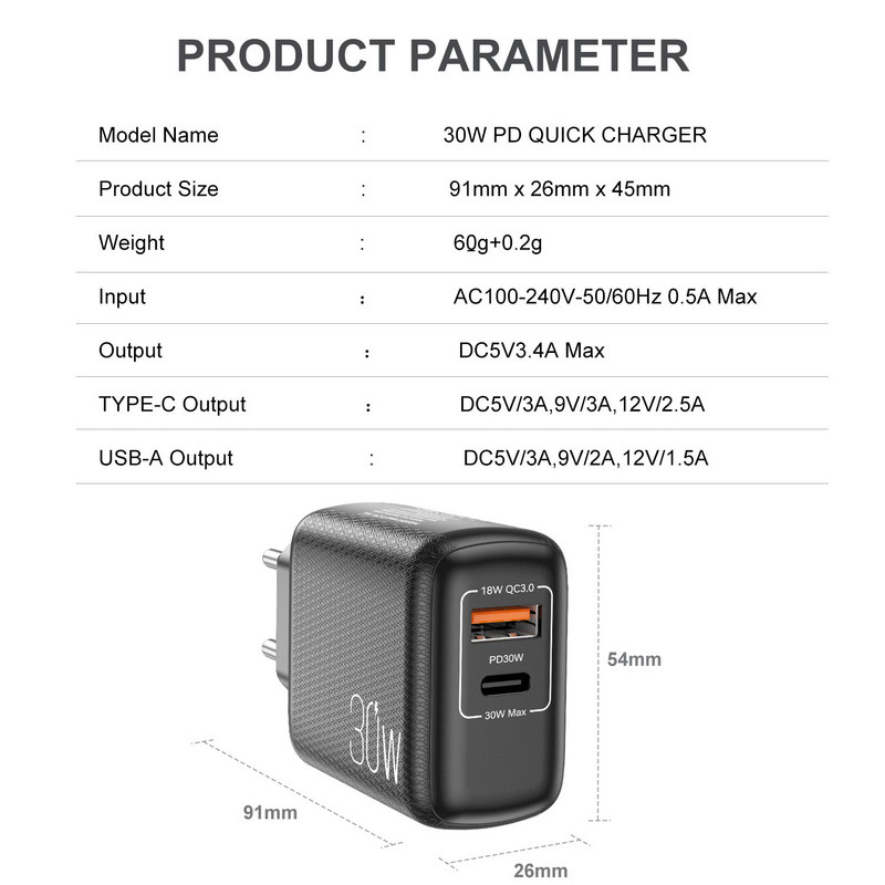2 porta PD 30W EU US UK Plug Adapter za brzi punjač za iPhone 12 11 Samsung Xiaomi Huawei QC 3.0 Brzi punjač za mobilni telefon