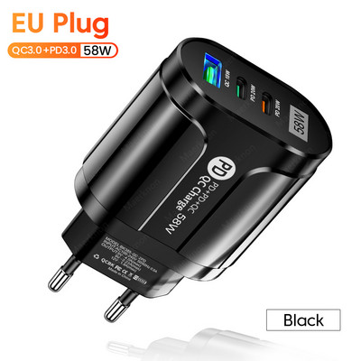 Încărcător USB 58W PD Tip C Încărcător de perete cu încărcare rapidă Adaptor încărcător telefon pentru iphone Samsung Xiaom Huawei 3 porturi Încărcător USB C