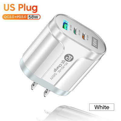 Încărcător USB 58W PD Tip C Încărcător de perete cu încărcare rapidă Adaptor încărcător telefon pentru iphone Samsung Xiaom Huawei 3 porturi Încărcător USB C