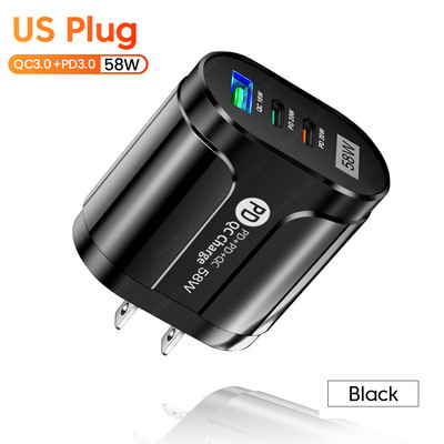 Încărcător USB 58W PD Tip C Încărcător de perete cu încărcare rapidă Adaptor încărcător telefon pentru iphone Samsung Xiaom Huawei 3 porturi Încărcător USB C