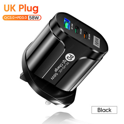 Încărcător USB 58W PD Tip C Încărcător de perete cu încărcare rapidă Adaptor încărcător telefon pentru iphone Samsung Xiaom Huawei 3 porturi Încărcător USB C