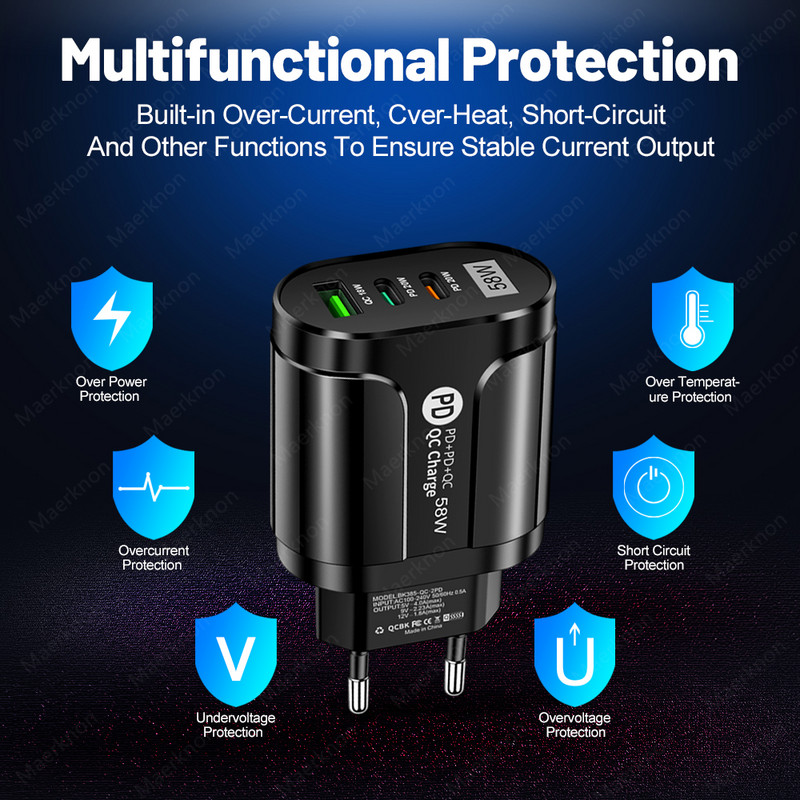 USB punjač 58W PD tipa C brzo punjenje Zidni punjač Adapter punjača za telefon za iphone Samsung Xiaom Huawei 3 porta USB C punjač