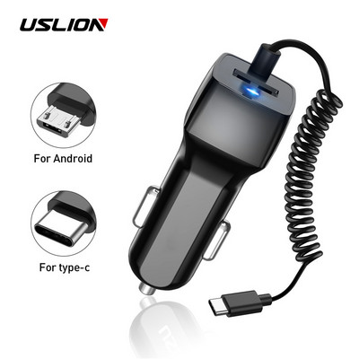 USLION 24V Mini USB зарядно за кола с Micro USB Type C кабел за Samsung S10 S9 Xiaomi Redmi Note 7 мобилен телефон USB A бърз кабел
