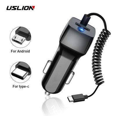 USLION 24V Mini USB automašīnas lādētājs ar Micro USB Type C kabeli priekš Samsung S10 S9 Xiaomi Redmi Note 7 mobilā tālruņa USB A Fast kabelis