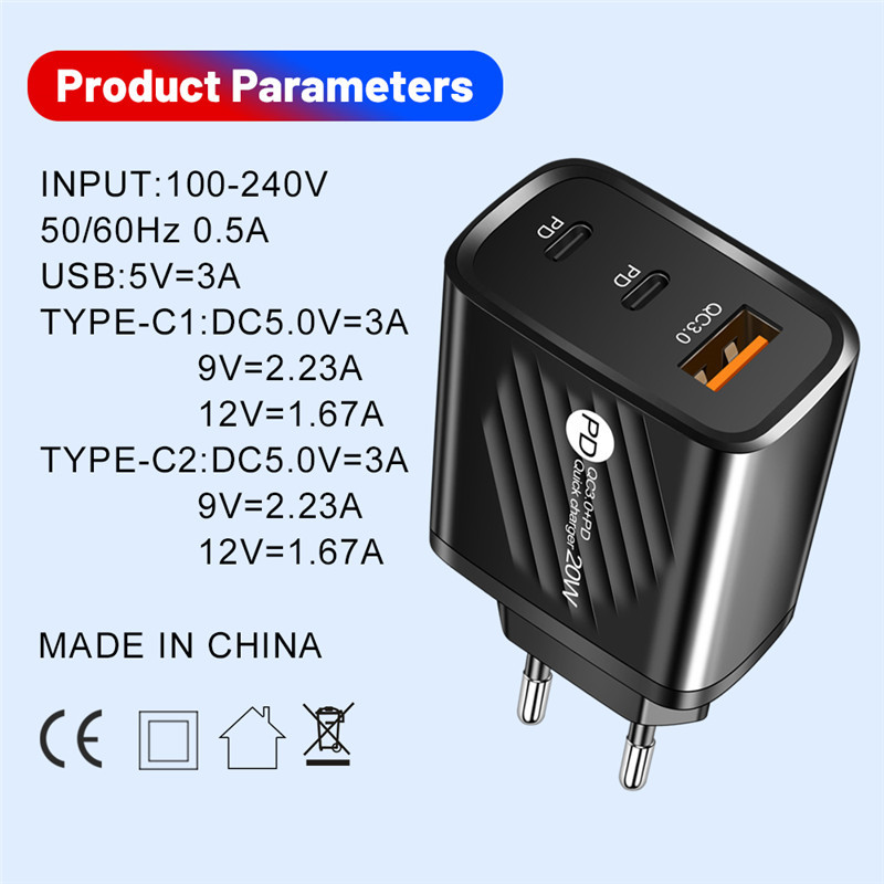 20W QC3.0+2 PD Καλώδιο USB C Φορτιστής προσαρμογέα ρεύματος ΗΠΑ/ΕΕ/ΗΒ Φορτιστές έξυπνων τηλεφώνων Iphone Xiaomi Φορτιστές κινητών τηλεφώνων Samsung