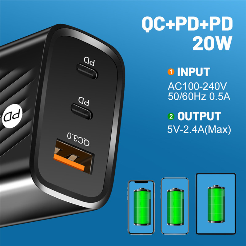 20W QC3.0+2 PD Καλώδιο USB C Φορτιστής προσαρμογέα ρεύματος ΗΠΑ/ΕΕ/ΗΒ Φορτιστές έξυπνων τηλεφώνων Iphone Xiaomi Φορτιστές κινητών τηλεφώνων Samsung