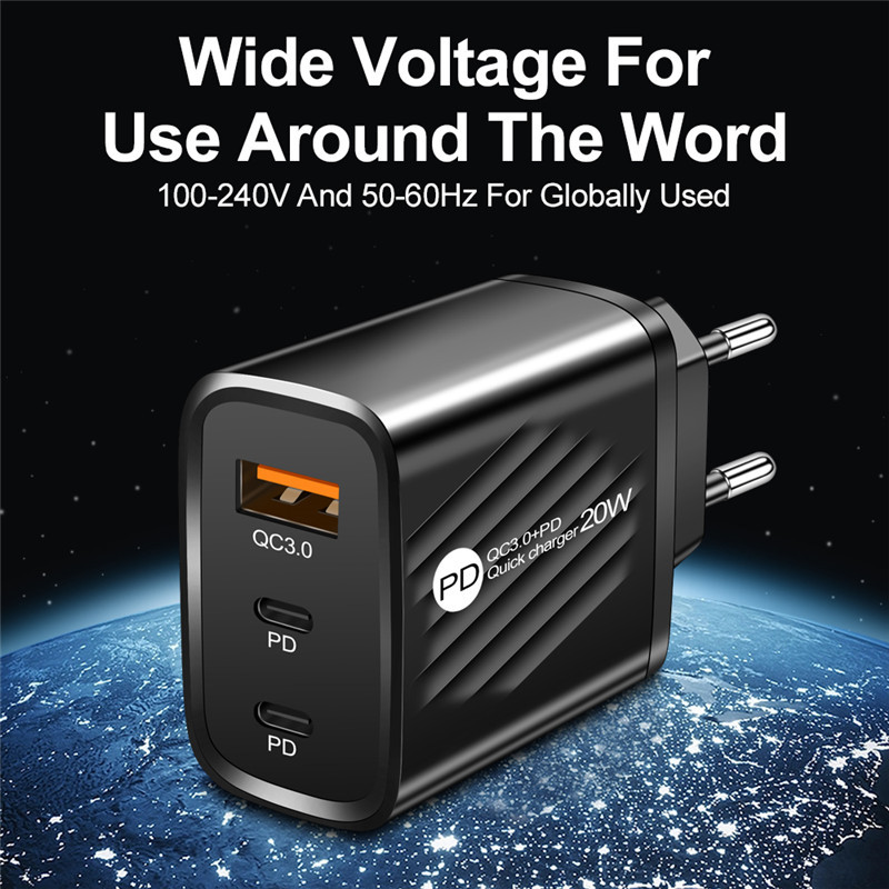 20W QC3.0+2 PD Καλώδιο USB C Φορτιστής προσαρμογέα ρεύματος ΗΠΑ/ΕΕ/ΗΒ Φορτιστές έξυπνων τηλεφώνων Iphone Xiaomi Φορτιστές κινητών τηλεφώνων Samsung