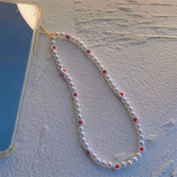 New Ins Trendy Red Love Heart Pearl Αλυσίδες κινητών τηλεφώνων Anti-lost Χειροποίητο ακρυλικό κορδόνι γοητείας για γυναίκες κορίτσια