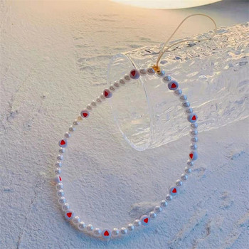 New Ins Trendy Red Love Heart Pearl Αλυσίδες κινητών τηλεφώνων Anti-lost Χειροποίητο ακρυλικό κορδόνι γοητείας για γυναίκες κορίτσια