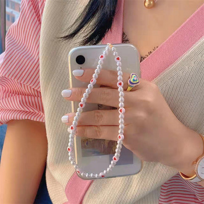 New Ins Trendy Red Love Heart Pearl Lanț Lanțuri pentru telefoane mobile Anti-pierdere Handmade Acrilic Charm Snur Snur pentru femei fete