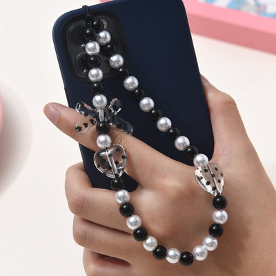 Lanțuri acrilice Y2k pentru telefoane mobile, negru, clar, inimă de dragoste, farmec cu mărgele de fluture, femei, fete, decorare pentru telefon, șnur, curea pentru telefon