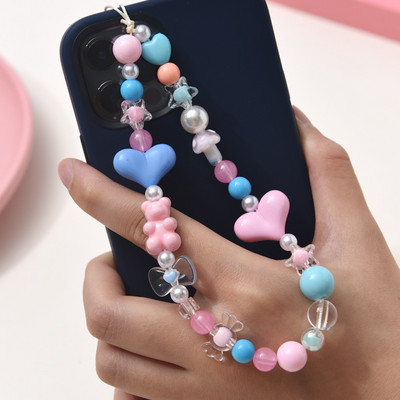 Lanțuri acrilice Y2k pentru telefoane mobile, negru, clar, inimă de dragoste, farmec cu mărgele de fluture, femei, fete, decorare pentru telefon, șnur, curea pentru telefon