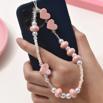 Lanțuri acrilice Y2k pentru telefoane mobile, negru, clar, inimă de dragoste, farmec cu mărgele de fluture, femei, fete, decorare pentru telefon, șnur, curea pentru telefon