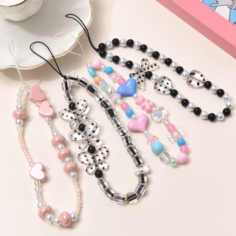 Y2k ακρυλικές αλυσίδες κινητών τηλεφώνων Μαύρο Clear Love Heart Butterfly Beaded Charm Γυναικεία Κορίτσια Τηλέφωνο Διακόσμηση Κορδόνι Τηλέφωνο