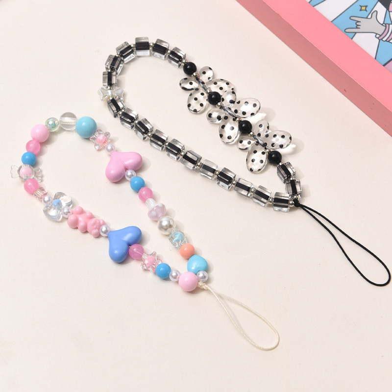 Y2k ακρυλικές αλυσίδες κινητών τηλεφώνων Μαύρο Clear Love Heart Butterfly Beaded Charm Γυναικεία Κορίτσια Τηλέφωνο Διακόσμηση Κορδόνι Τηλέφωνο