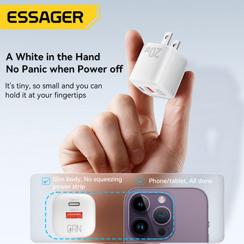 Essager 20W GaN USB Type C Φορτιστής τηλεφώνου Φορητός προσαρμογέας κεφαλής φορτιστή γρήγορης φόρτισης για iPhone 14 13 Samsung Huawei