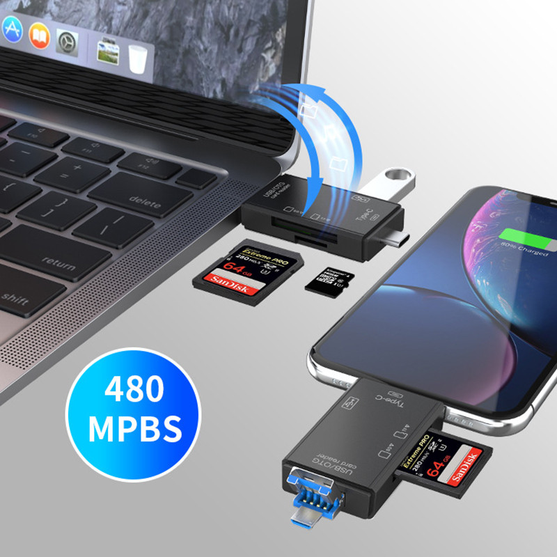 SD kortelių skaitytuvas USB C kortelių skaitytuvas 6 viename USB 2.0 TF/Mirco SD išmanusis atminties kortelių skaitytuvas C tipo OTG Flash Drive kortelių skaitytuvo adapteris