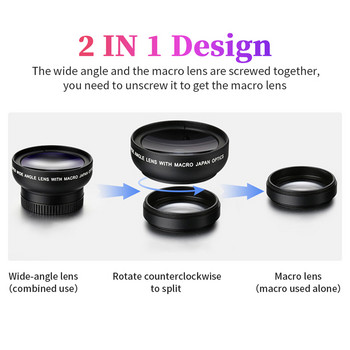 TIDOVE 2 IN 1 Lens Universal Clip 37mm Επαγγελματικός φακός κινητού τηλεφώνου 0,45x 49uv Super Wide-Angle + Macro HD φακός για iPhone 13