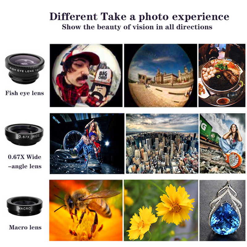 telefon lencse Fisheye 0,67x széles látószögű zoom lencse halszem 6x makró lencsék Kamerakészletek Clip lencsével a telefonhoz okostelefonhoz