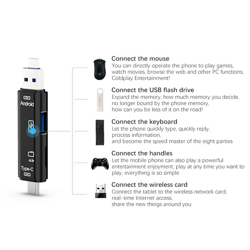 5 az 1-ben többfunkciós USB 2.0 C/Usb/Micro Usb/Tf/SD memóriakártya-olvasó OTG kártyaolvasó adapter mobiltelefon-tartozékok