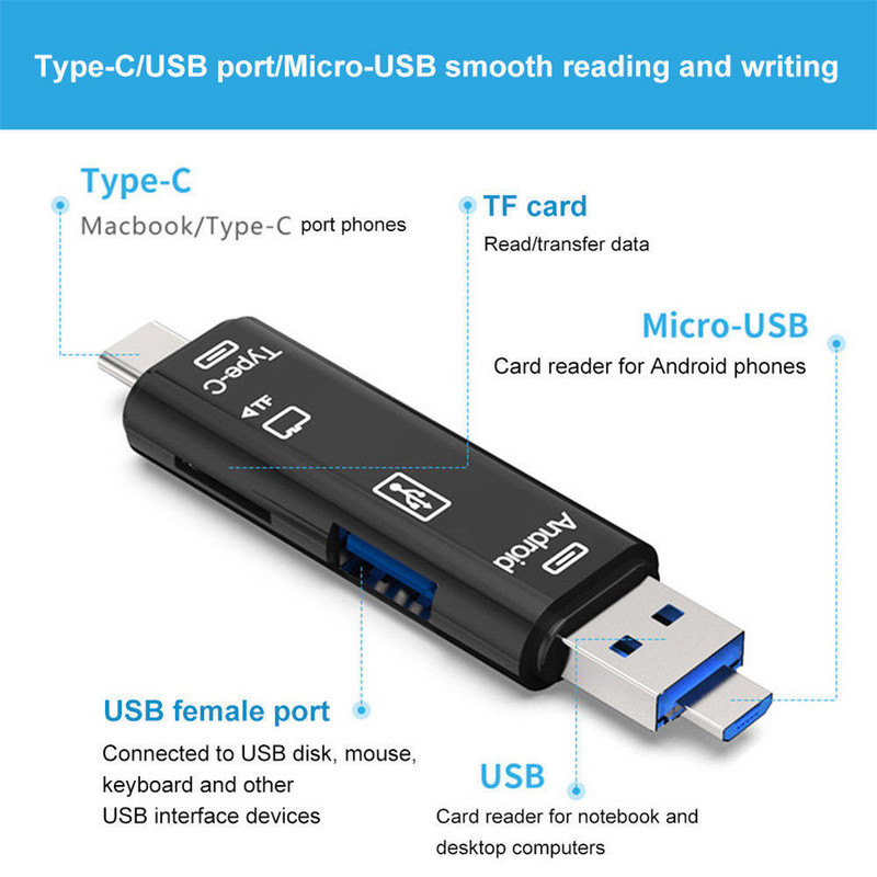 OTG kártyaolvasó 5 IN 1 Micro USB Type C TF memóriakártya olvasó Android telefonhoz Számítógép Smartphone Dock OTG Type C Adapter