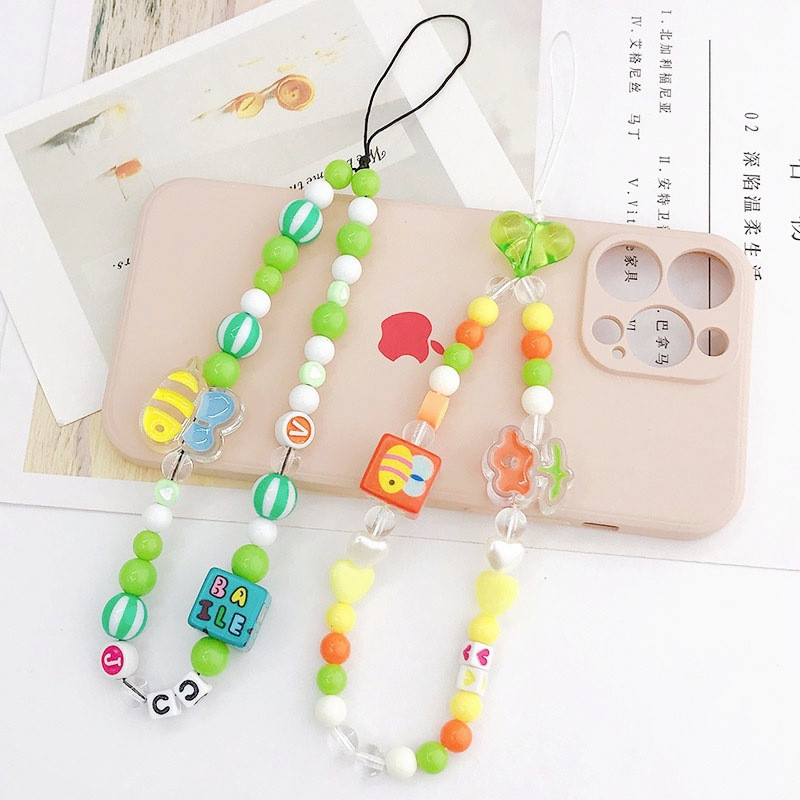 Candy Color Small Bee mobiltelefon lánc gyöngyös mobiltelefon zsinóros esésgátló karkötő mobiltelefon tok függő díszek