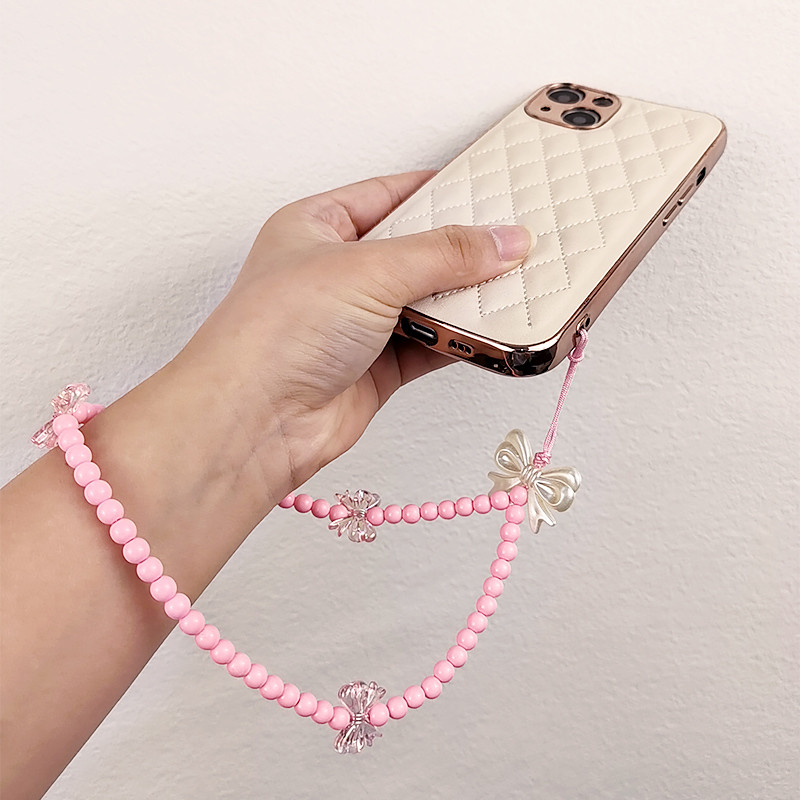 Rövid, kézi gyöngyökkel díszített kreatív masni színes gyöngyök medál telefon elvesztést gátló csuklópánt Kézi medál mobiltelefon zsinór