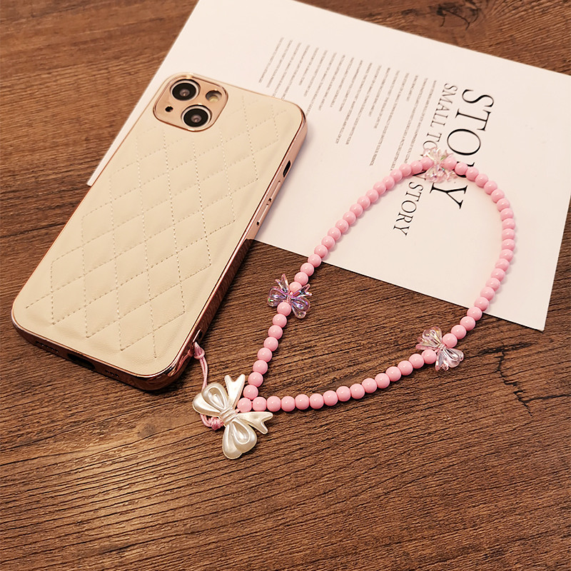 Rövid, kézi gyöngyökkel díszített kreatív masni színes gyöngyök medál telefon elvesztést gátló csuklópánt Kézi medál mobiltelefon zsinór