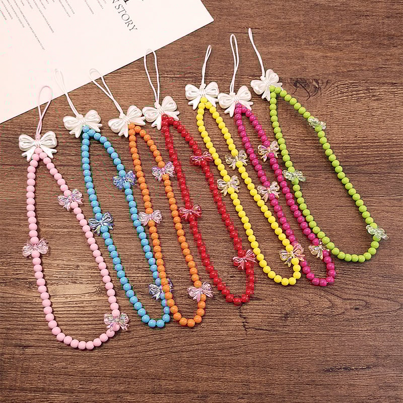 Rövid, kézi gyöngyökkel díszített kreatív masni színes gyöngyök medál telefon elvesztést gátló csuklópánt Kézi medál mobiltelefon zsinór