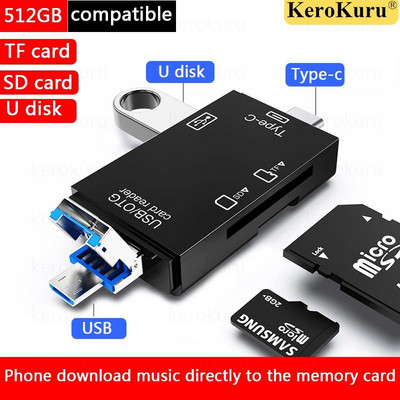 5 in 1 / 6 in 1 Daugiafunkcis USB 2.0 tipo C / USB / Micro USB / TF / SD išmanusis atminties kortelių skaitytuvas OTG „Flash Drive“ kortelių skaitytuvo adapteris