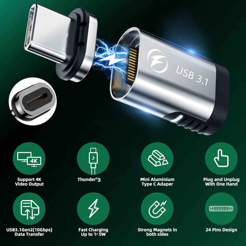 Gyorstöltő C típusú adapter USB C dugasz-alj 100 W adatátviteli csatlakozó mágneses átalakító USB3.1 USBC mágneses OTG adapter