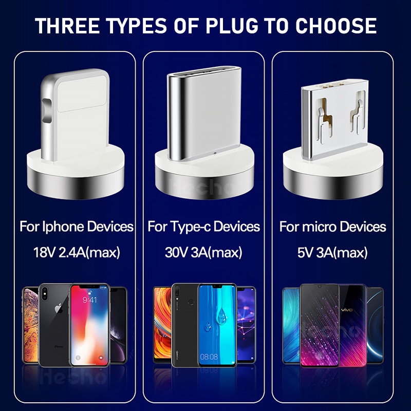 3A kerek mágneses kábel csatlakozó C típusú Micro USB C csatlakozók iPhone Xiaomi C típusú konverter töltőkábel adapterhez