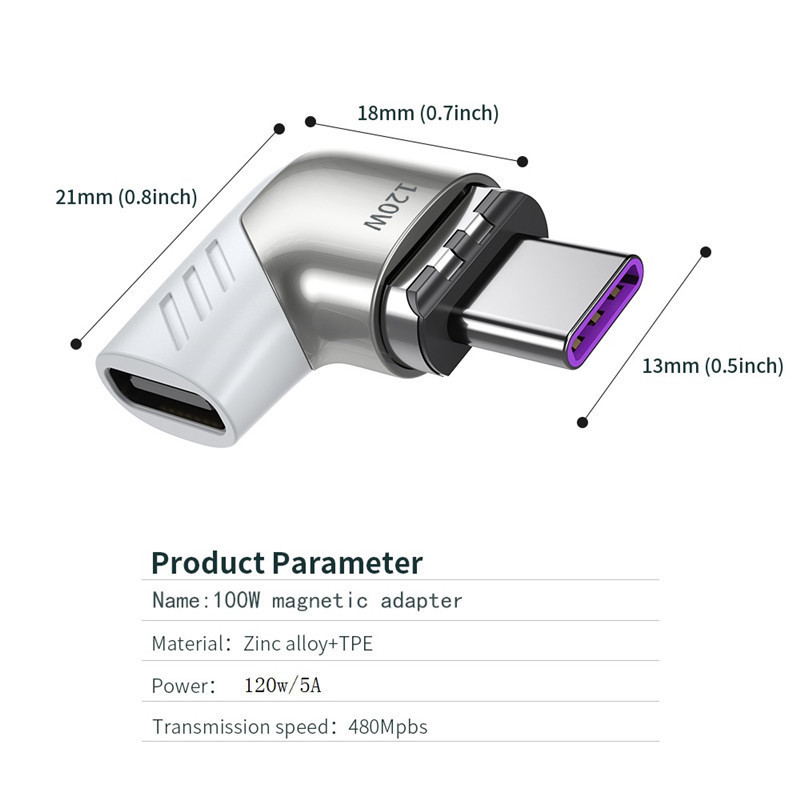 Tkey 120 W USB C mágneses adapter C típusú dugaszolható C típusú mágneshez, gyorstöltő USB C típusú mágneses átalakító Xiaomi Mi 9 Redmihez