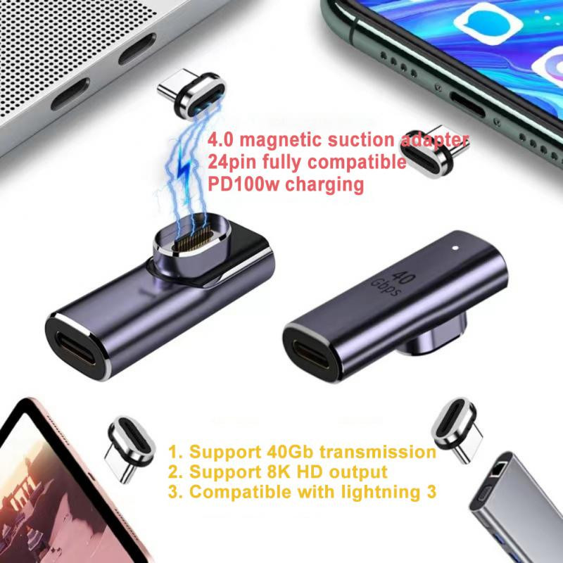 USB4.0 PD 100 W gyors C típusú mágneses töltőadapter 40 Gbps töltőmágnes USB C-C típusú konverter 24 tűs 8K@60Hz USB-C kábel