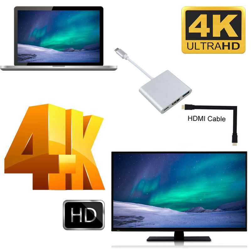 C típusú HUB USB C HDMI-kompatibilis elosztó USB-C 3 IN 1 4K HDMI USB 3.0 PD gyorstöltő intelligens adapter MacBook Dellhez