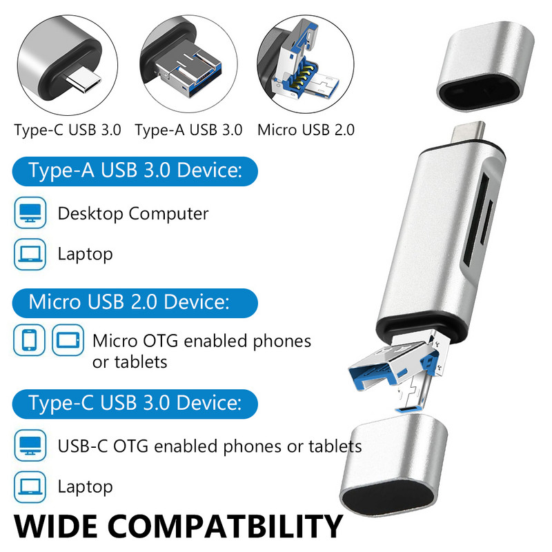 3 az 1-ben C típusú kártyaolvasó SDHC SD TF MicroSD kártyaolvasó Micro USB OTG adapter Macbookhoz Huawei Xiaomi Android Phone PC-hez
