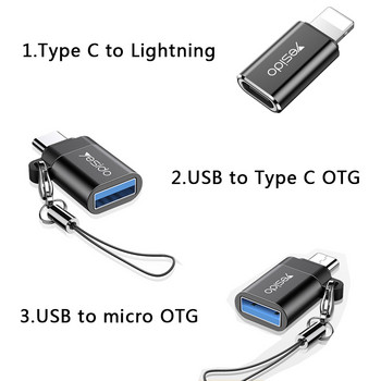 yesido Προσαρμογέας USB OTG σε προσαρμογέα τύπου C Μετατροπέας καλωδίου φόρτισης για iPhone Macbook Samsung Huawei Xiaomi Type C σε USB OTG