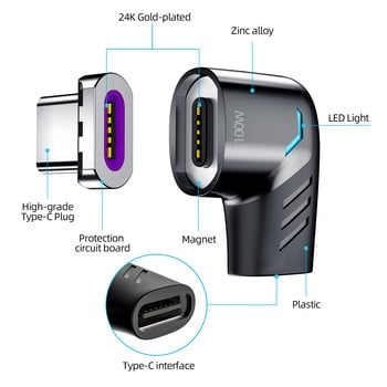 Usb C към Type C Магнитен адаптер Бързо зареждане Тип C към USB OTG конвертор Конектор под прав ъгъл за Samsung Xiaomi Huawei MAC