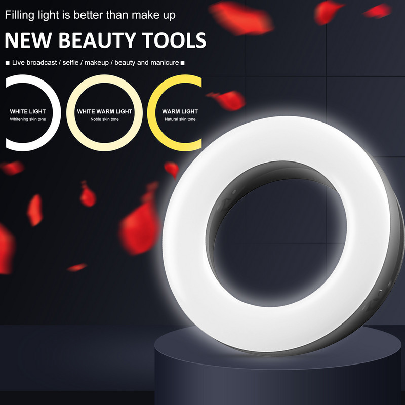 Asmenukės šviesos žiedo lemputės LED apskritimo mini šviesos gnybtas telefonams, įkraunamas prisegamas makiažas užpildo lemputė nešiojamojo kompiuterio fotoaparato vaizdo įrašas