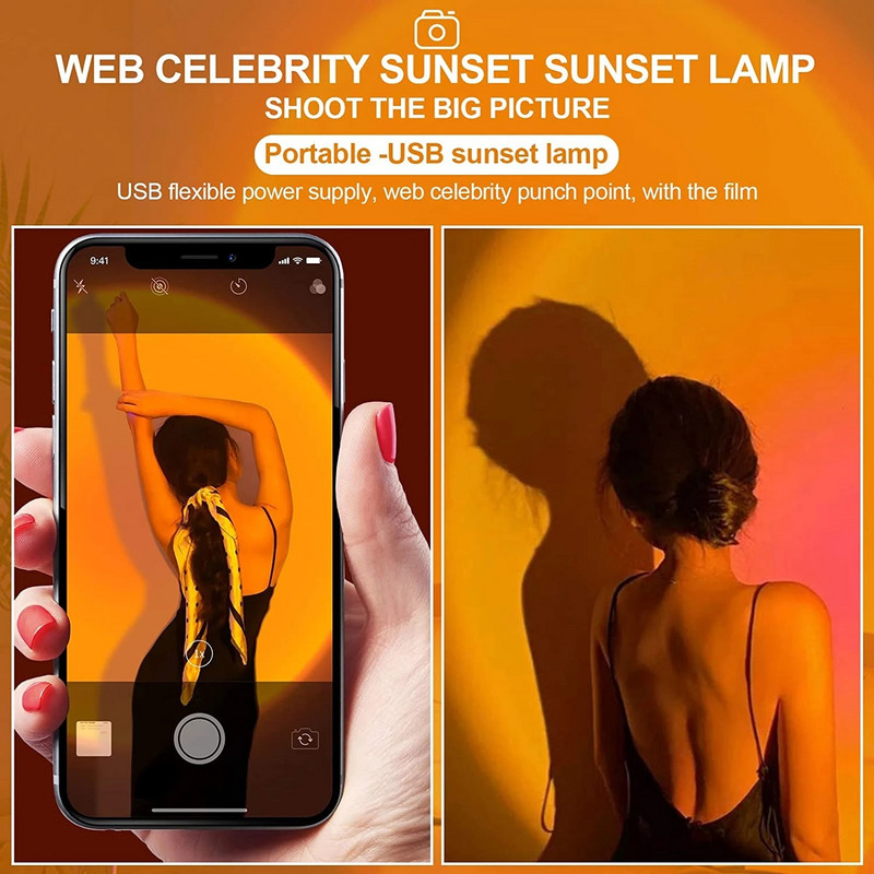 USB Sunset Light Mobiltelefon Önfotózás Light LED Szivárvány Neon Éjszakai Fény projektor Fényképezés Fali Atmoszféra Fény