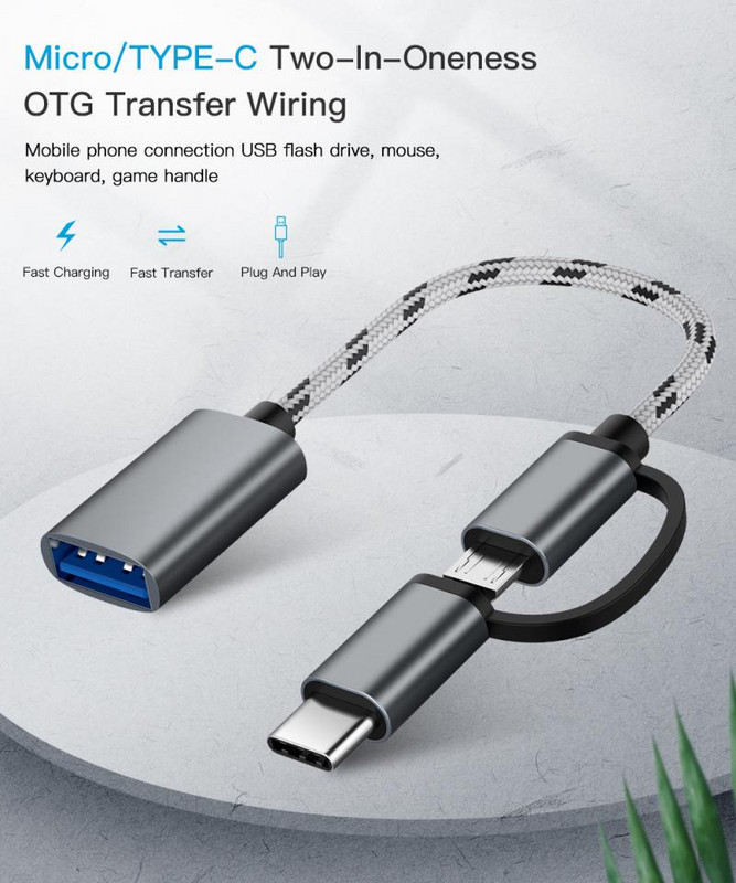 2 az 1-ben OTG adapterkábel Nylon Braid USB 3.0 - Micro USB Type C adatszinkronizáló adapter Huawei-hez MacBookhoz USB C telefonlemez OTG