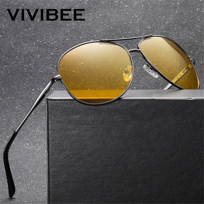 VIVIBEE Pilot Night Vision Glasses for Driving Nocturna Yellow Polarized UV400 Lens Авиационни очила Мъжки слънчеви очила за нощно виждане