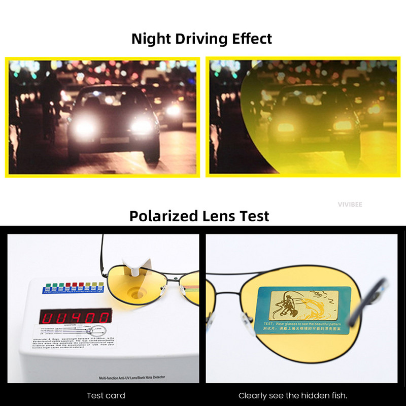 VIVIBEE Pilot éjjellátó szemüveg vezetéshez Nocturna Yellow Polarized UV400 Lens Repülési szemüveg Férfi éjszakai napszemüveg