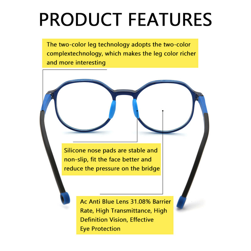 Kids Anti Blue Light Szemüvegek Szilikon Orrpárnák Kerek TR90 Gyermek Ipad Tablet Kézitelefon Játék Számítógép Szemkörnyékápoló UV Szemüvegek