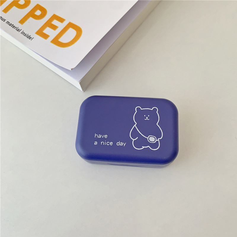 Aranyos, hordozható kis hátizsák, medve szemkontaktus tükrös kontaktlencse tokkal, színes lencsék konténerdoboz parti utazó készlethez