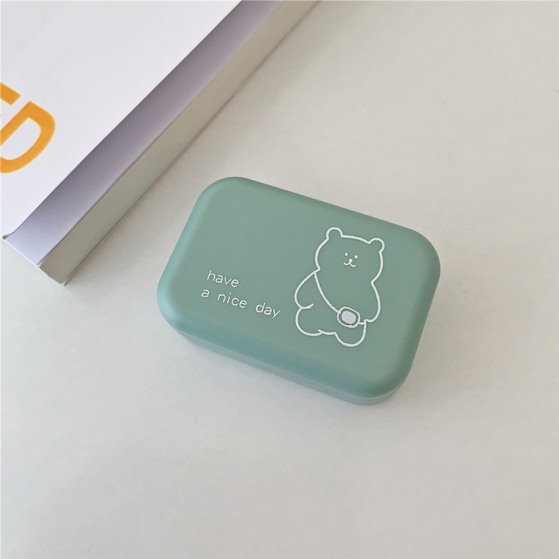 Aranyos, hordozható kis hátizsák, medve szemkontaktus tükrös kontaktlencse tokkal, színes lencsék konténerdoboz parti utazó készlethez