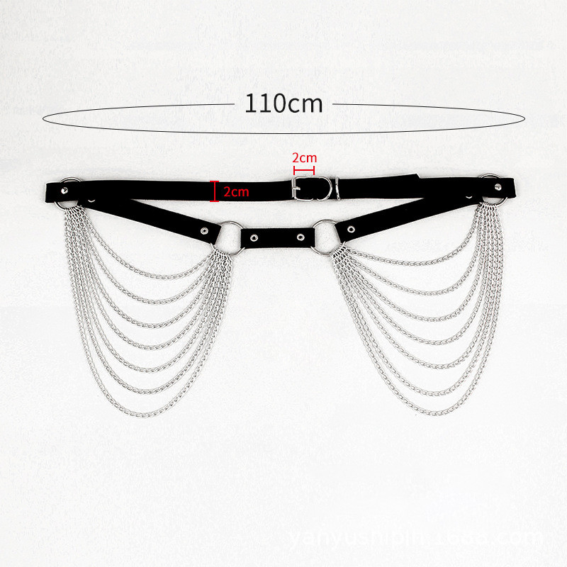 Új réteges bőr öv láncokkal Testheveder Sexy Waist Goth Kiegészítők Állítható pánt Fesztivál lányok 110cm